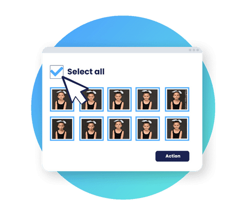 desktop mockup with multiple images of young girl, computer mouse graphic clicking "select all"