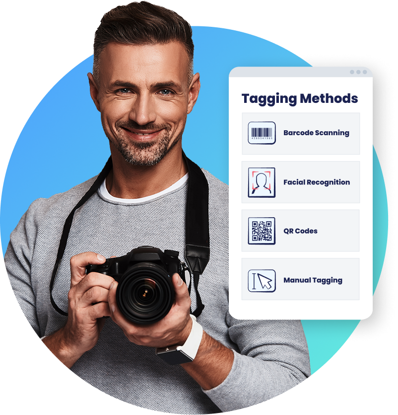 GotPhoto graphic showing different tagging methods offered by the platform.
