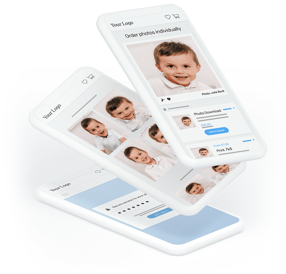 phone mockup images of a smiling young child's images in the online shop