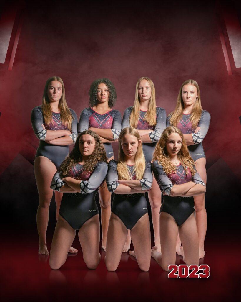 A gymnastics team poses in rows at different levels to showcase team photography