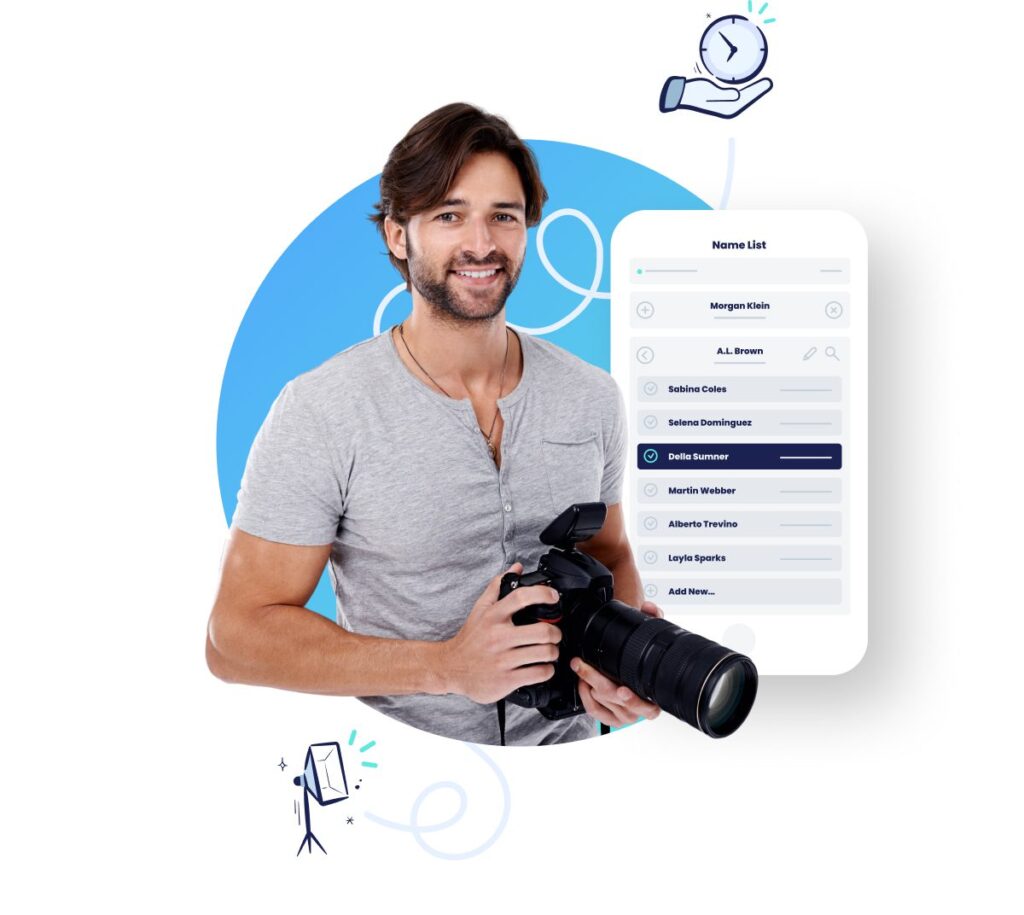 Smiling man holding camera. Mock up of a name list app on a smartphone. Graphic icons of a hand holding a clock and a studio light.