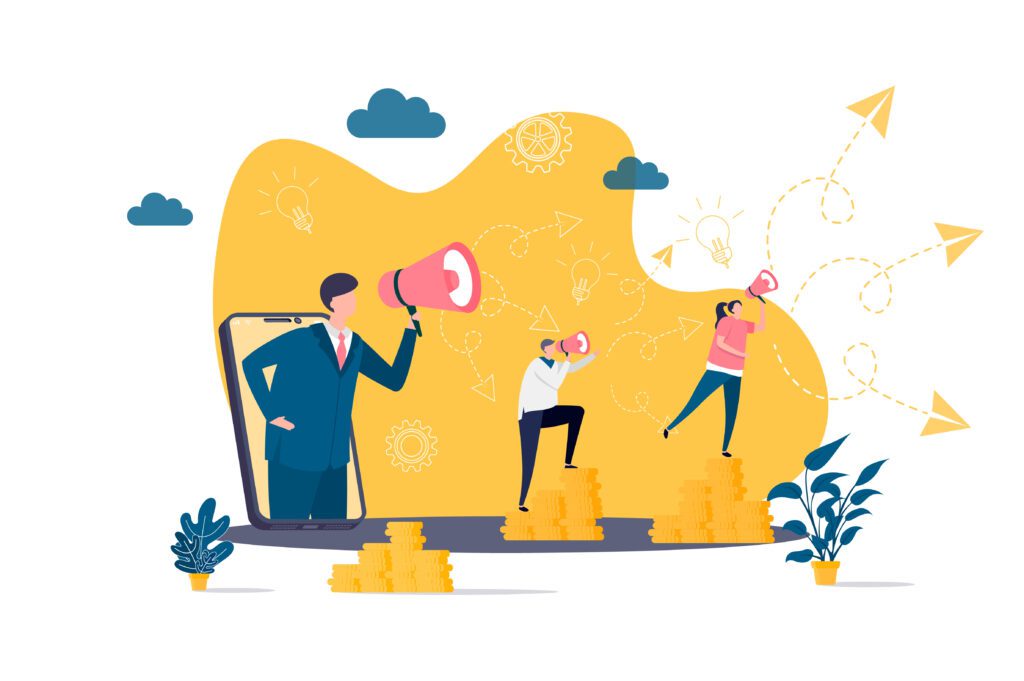 Referral marketing concept in flat style. Marketer announce in megaphone scene. Promoting in social media, referral program web banner. Vector illustration with people characters in work situation.